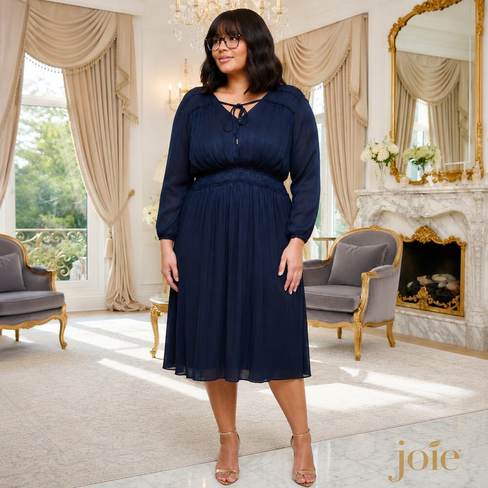 Joie Navy Blue Pleated Long Sleeve Midi Dress Size Large